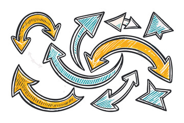 Wall Mural - Creative hand drawn arrows in a curved, doodle style, symbolizing direction, flow, and movement with vibrant colors of yellow, green, and blue
