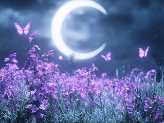 Wall Mural - A serene meadow glowing softly under a crescent moon, where radiant flowers bloom in cascading waves of color. Ethereal butterflies with bioluminescent wings flutter gently above, casting soft 