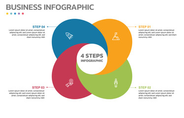 Poster - Visual data presentation. Cycle diagram with 4 options. Pie Chart Circle infographic template with 4 steps, options, parts, segments. Business concept. Editable pie chart with sectors.