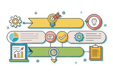 Wall Mural - Creative infographic illustrating a business workflow with arrows, graphs, gears, and icons representing process, strategy, and analytics