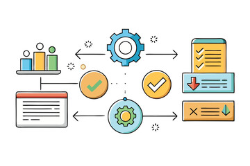 Wall Mural - Business process infographic template with visual flow of steps, including graphs, gears, and colorful icons for business strategy design