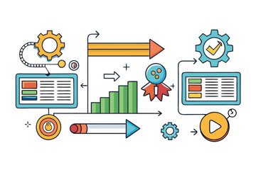 Wall Mural - Vector illustration of a business process with directional arrows, colorful icons, charts, and data analysis graphics for corporate design