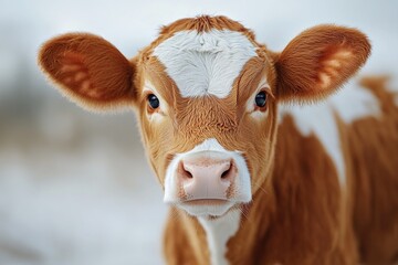 Wall Mural - A brown cow stands in the snowy field