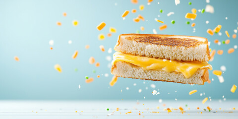 Wall Mural - A sandwich with cheese and a few pieces of candy in the air