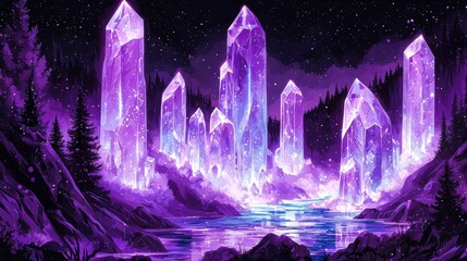 Wall Mural - A tranquil floating island surrounded by radiant rivers of molten crystal. Glowing flora lines the pathways, and bioluminescent vines drape gracefully from towering crystal trees that shimmer 