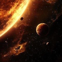 Wall Mural - a group of planets orbiting around a bright sun in the distance, ideal for astronomy and space-relat