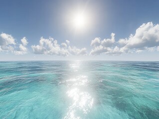 sunny day, ocean view with bright sun reflecting on calm turquoise water and fluffy white clouds in 
