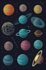 Wall Mural - a collection of planets on a dark background, ideal for use in space-themed designs and presentation