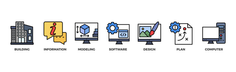 BIM banner web icon vector illustration concept for building information modeling with icon of building, information, modeling, software, design, plan, and computer