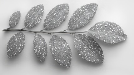 Wall Mural - Monochrome sprig with dew drops on leaves.