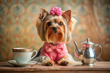 Wall Mural - Adorable Yorkshire Terrier in Pink Dress Enjoys Tea Party