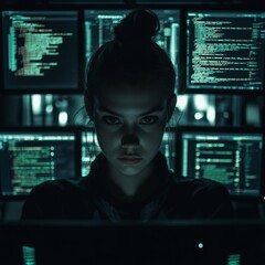 cybersecurity professional. dark atmospheric portrait of a programmer surrounded by computer code di