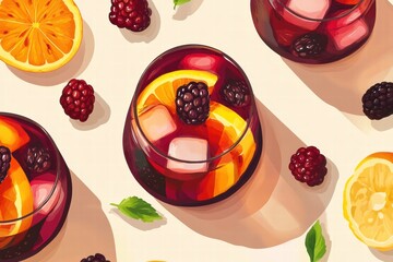 Wall Mural - Colorful fruit mocktails with garnishes and ice on a light background. Generative AI