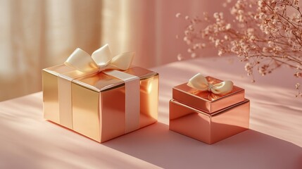 Top down view of a square metallic gold gift box with a satin cream ribbon, placed next to a smaller rose-gold square gift box on a solid pale pink table, copy space on the right, unique Valentine's