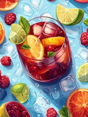 Wall Mural - Refreshing summer cocktail with fruits and ice cubes displayed on a colorful background. Generative AI