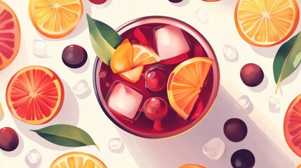 Wall Mural - Refreshing summer cocktail with citrus slices and berries arranged on a vibrant background. Generative AI