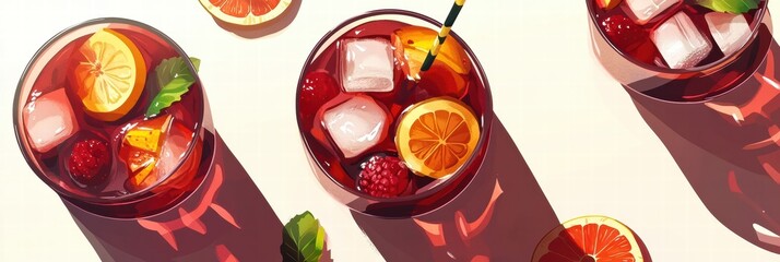 Wall Mural - Refreshing summer drinks with fresh fruits and ice cubes on a sunny day. Generative AI