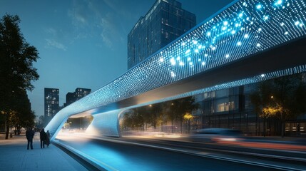 Wall Mural - Luminous pedestrian overpass, city night scene.