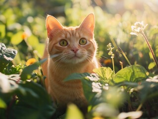 Wall Mural - A ginger cat peers out from tall green plants, bathed in warm sunlight