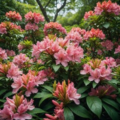 Wall Mural - A cluster of azaleas blooming vibrantly, surrounded by soft green leaves on white.