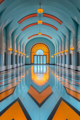 Poster - An elegant Art Deco theater facade with bold geometric patterns, decorative lighting, and ornate entrance doors inviting visitors,