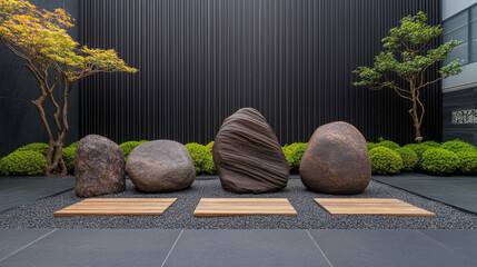 Poster - A tranquil Zen garden with carefully arranged rocks, raked gravel patterns, and minimalist wooden sculptures promoting meditation and peace,
