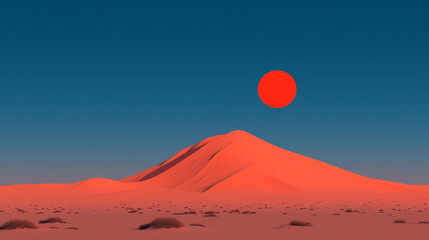Leinwandbilder - A tranquil desert scene with towering sand dunes, sparse vegetation, and a setting sun casting long shadows,