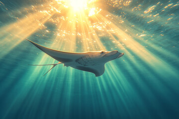 Aufkleber - A serene underwater scene with a graceful manta ray gliding through the open ocean, surrounded by schools of small fish,