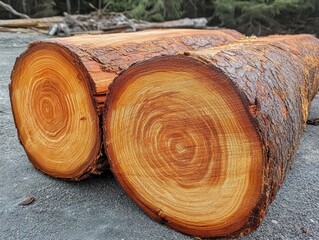 Two freshly cut logs with visible growth rings resting on gray gravel ground