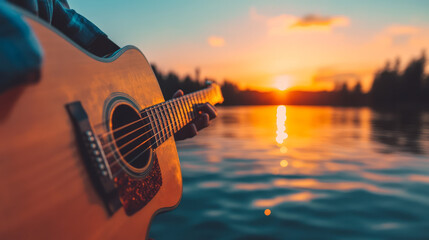 Fototapete - A serene scene of a person playing an acoustic guitar by a lakeside during sunset, emphasizing the tranquility and emotional connection to music,