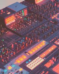 Aufkleber - An artistic representation of electronic music production, featuring synthesizers, mixers, and colorful soundwave patterns,
