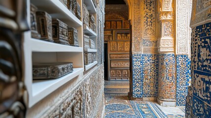 Poster - Ornate tiled walls with shelves holding decorated objects.