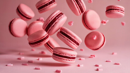 Wall Mural - Valentine's Day, A vibrant scene of pink macarons, a popular French dessert, suspended in mid-air against a soft pink background