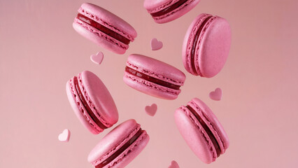 Wall Mural - Valentine's Day, A vibrant scene of pink macarons, a popular French dessert, suspended in mid-air against a soft pink background