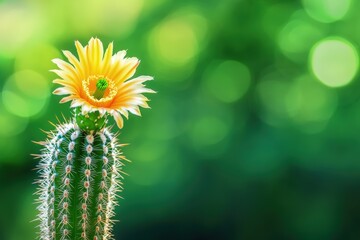 Blooming cactus with yellow flower and green background