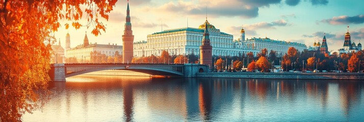 Autumn Splendor The Kremlin and Moscow River. Majestic Architecture Against a Golden Sunset.