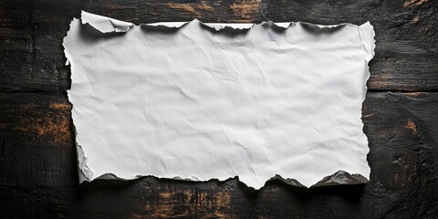 Canvas Print - Torn blank white paper on dark rustic wooden background with rough edges positioned centrally inviting additional content placements