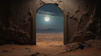 Poster - Desert Moon Through Ancient Archway