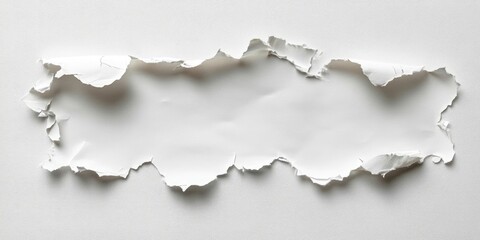 Wall Mural - Torn white paper fragment with rough edges on a plain light background creating a space for text or design elements in the center