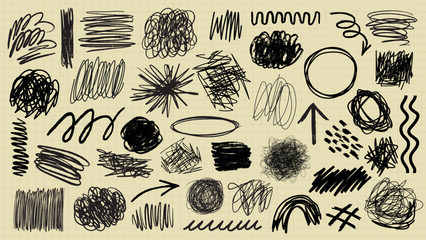 Wall Mural - a collection of black ink scribble art illustration. set of black ink scribble in various design ill