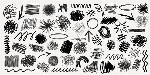 Wall Mural - a collection of black ink scribble art illustration. set of black ink scribble in various design ill