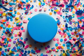 Wall Mural - Bright blue ball surrounded by colorful confetti at a festive celebration event