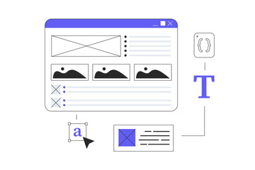 Web development concept. Sites creation and optimization, content filling. Work with site mockup. Flat Cartoon Vector Illustration, icon. Stylish abstract Modern