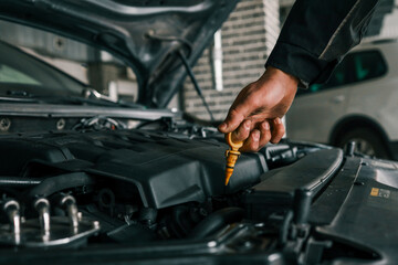 Fototapete - Close-up of a mechanic's hand holding an oil dipstick, checking engine oil levels in a vehicle's open hood. Represents routine car maintenance and servicing