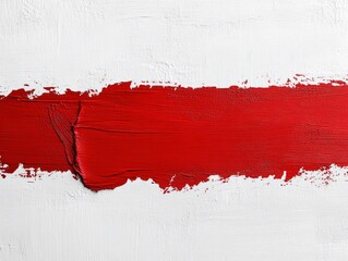 Minimalist art design featuring bold red brushstroke on textured white canvas