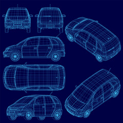 Blue car is shown in different angles. The car is a hatchback and has a small trunk. The car is designed to be compact and easy to park