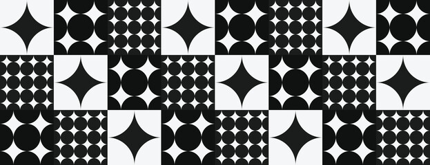 Geometric black and white background with repeating star and circle patterns. Black and white background with a bold, modern texture. Minimal retro geometric star pattern vector background