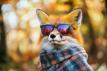 fox wearing sunglasses and a scarf in a colorful autumn forest setting during daytime. generative ai