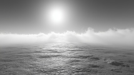 monochromatic seascape with sun and fog.