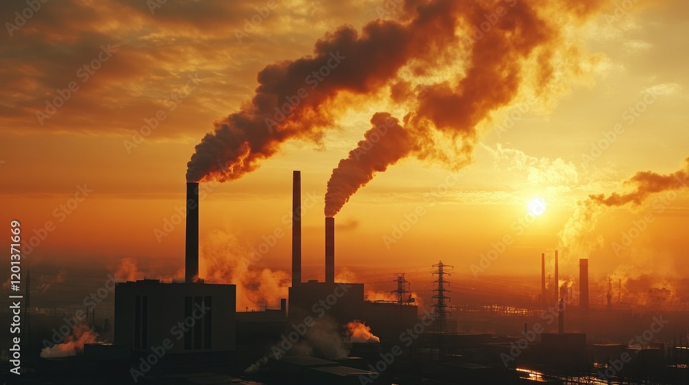 Photograph of a geothermal power plant with steam rising from vents ...